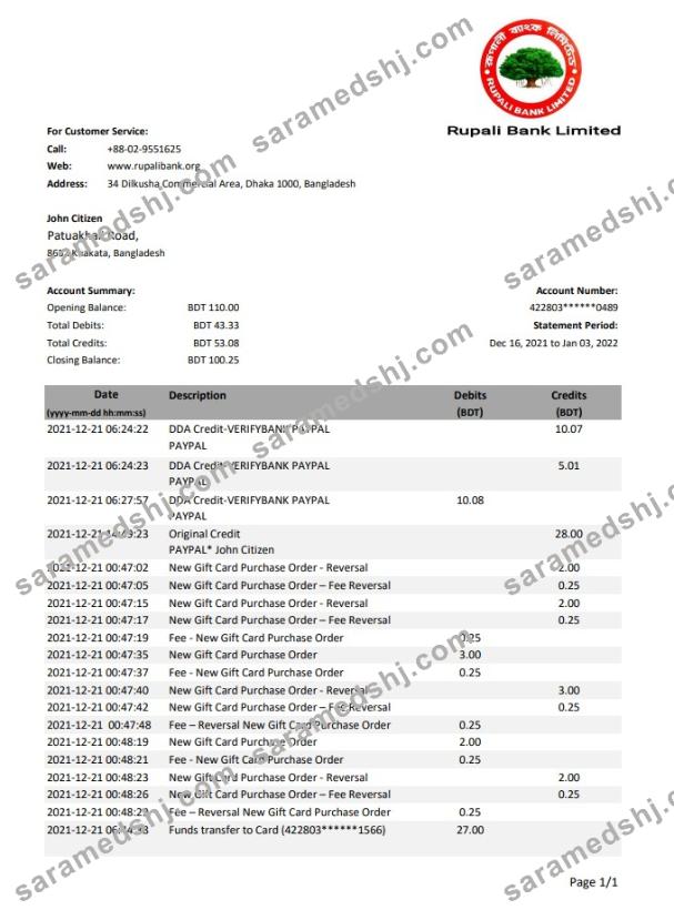Bangladesh Rupalii Bank statement